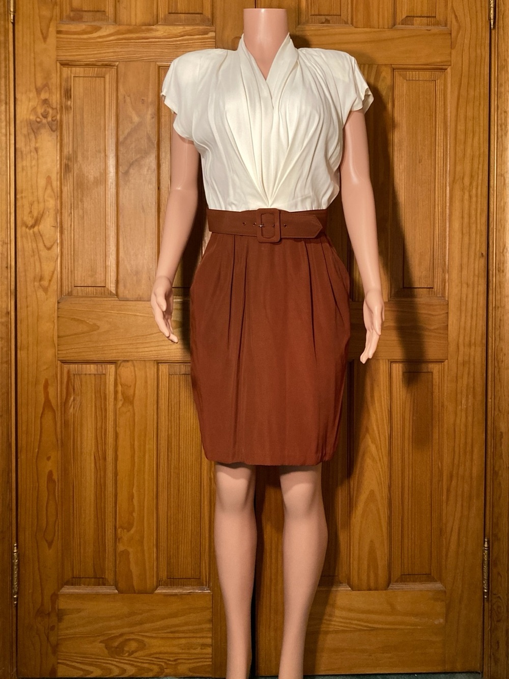 NWOT B.G.B. Petite Vintage 80s Dress Midi Career Belt Brown White Size 8P